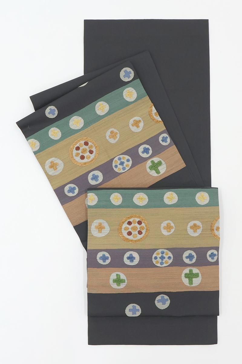 銀座【H-0684】西陣 川島織物製 モール織 開き名古屋帯 多彩な横段に