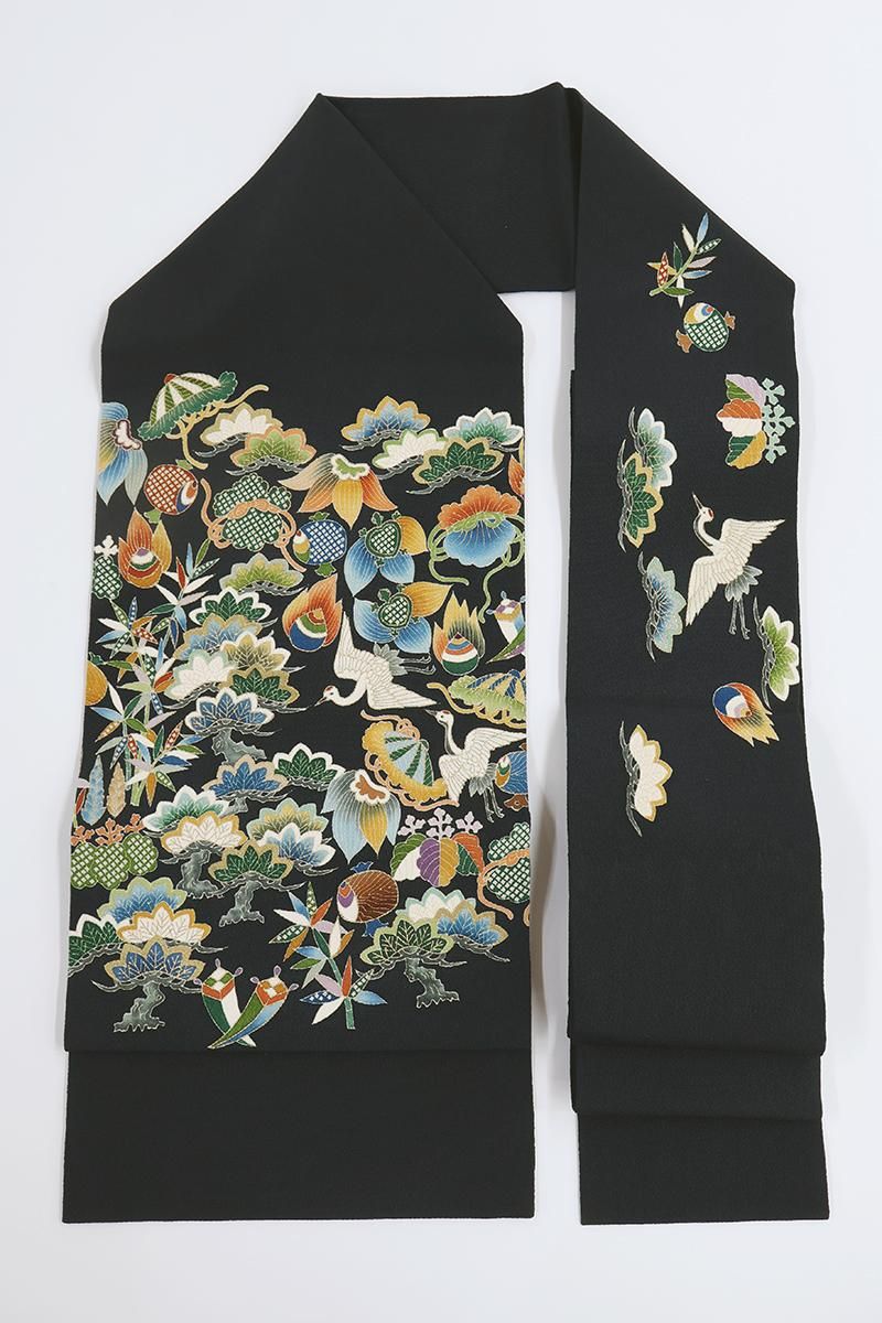 銀座【H-0917】縮緬地 染名古屋帯 黒色 吉祥文 - 銀座きもの青木｜長く