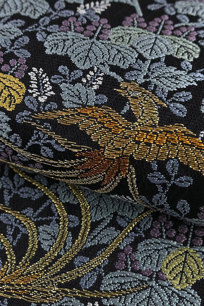 銀座【L-8654】西陣 紋屋井関製 御寮織 袋帯 黒色 桐鳳凰文（落款入