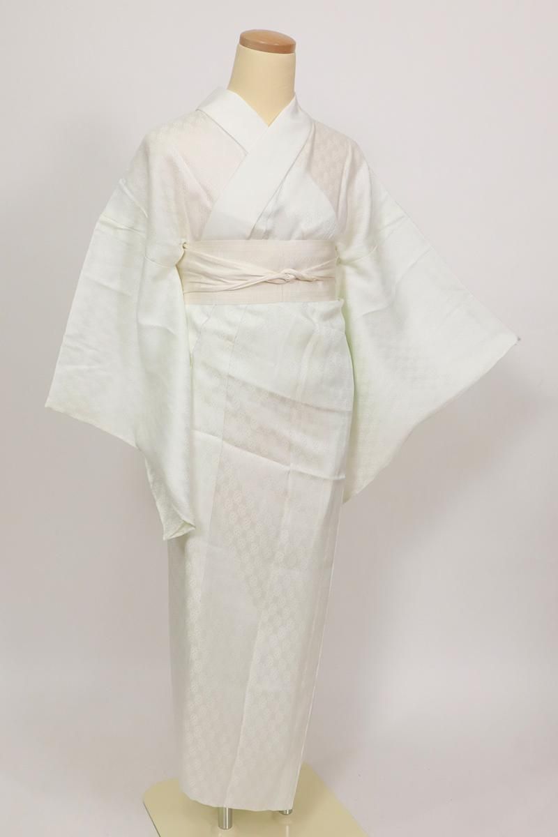 銀座【F-613】紋紗 長襦袢 淡い白緑色 変わり市松の地紋（反端付