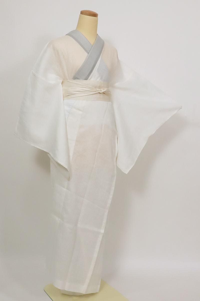 銀座【F-636】本麻 紋紗 長襦袢 生成り色 流水に萩などの地紋（反端付