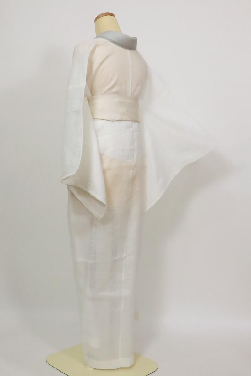 銀座【F-636】本麻 紋紗 長襦袢 生成り色 流水に萩などの地紋（反端付