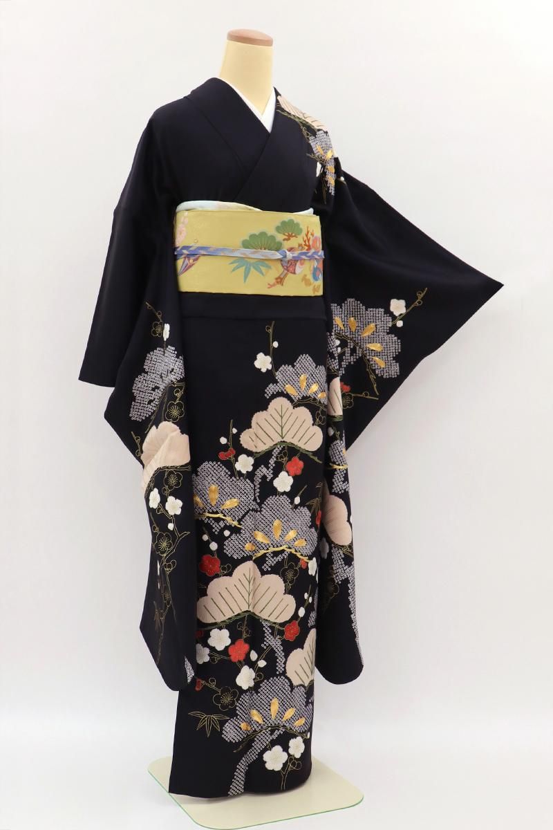銀座【B-3920】絞り染め 振袖 黒色 松竹梅の図 :身丈167/裄68.5/細め