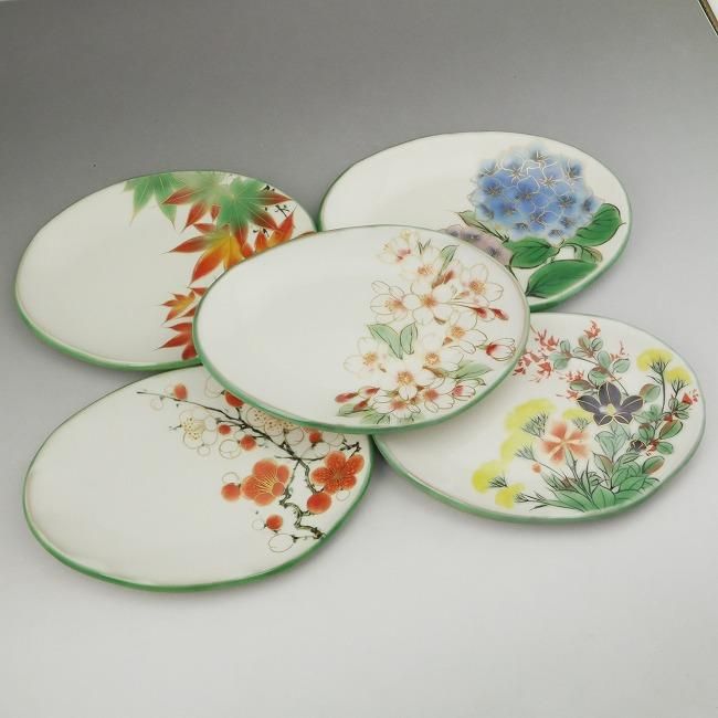 白掛五草花楕円皿揃 陶あん - 京焼清水焼 松韻堂