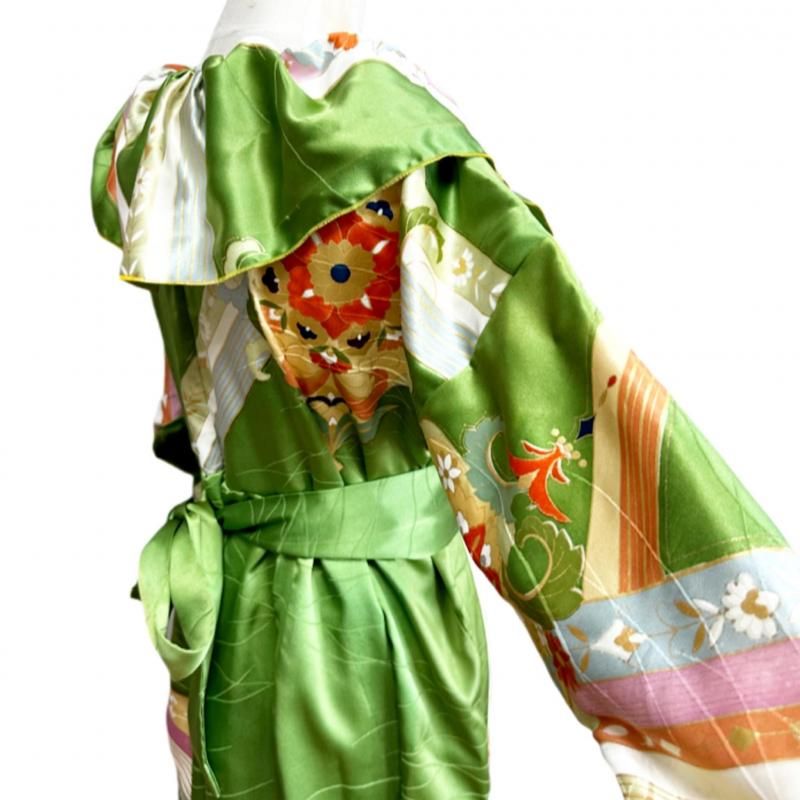 即納】高級！豪華！ふりふわ襟 振袖着物リメイクドレス 和柄ワンピース