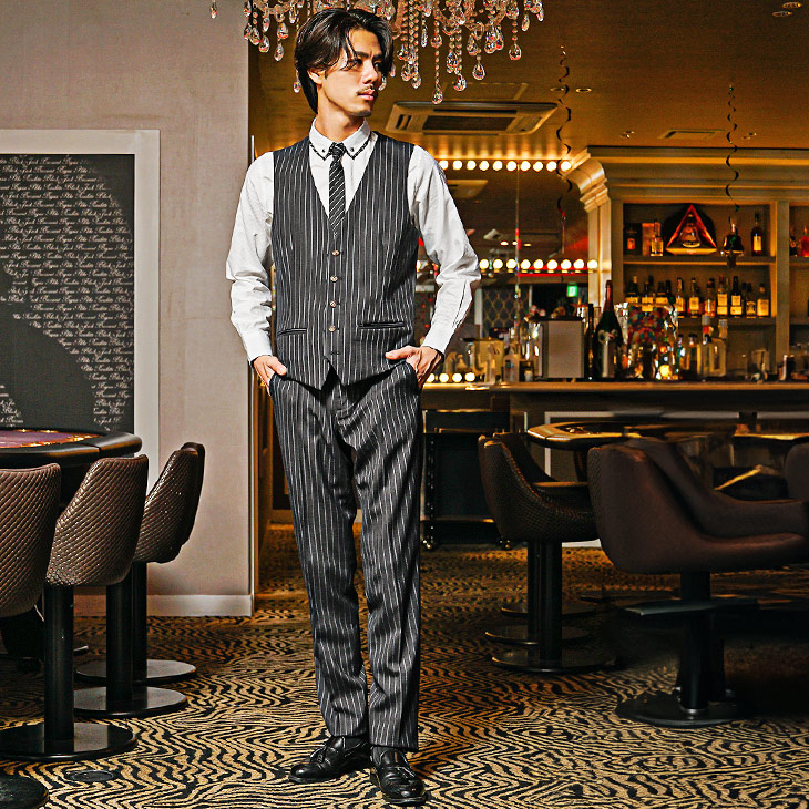 スーツ】チョークストライプ 2Bピークドラペル スリーピース スーツ