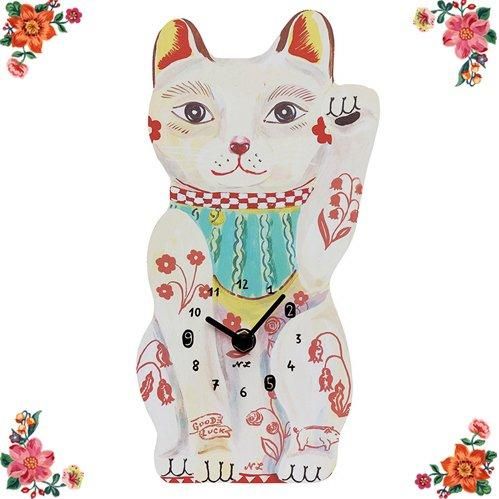 ナタリー・レテ】ダイカット・クロック ラッキー・キャット 白招き猫の