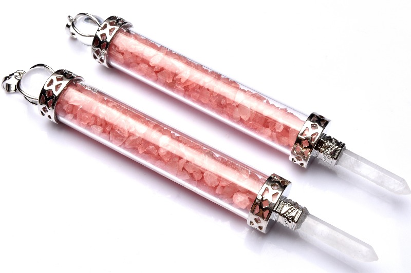 魔法の杖 ローズクォーツ 129x17mm 天然水晶丸珠付き さざれ入り
