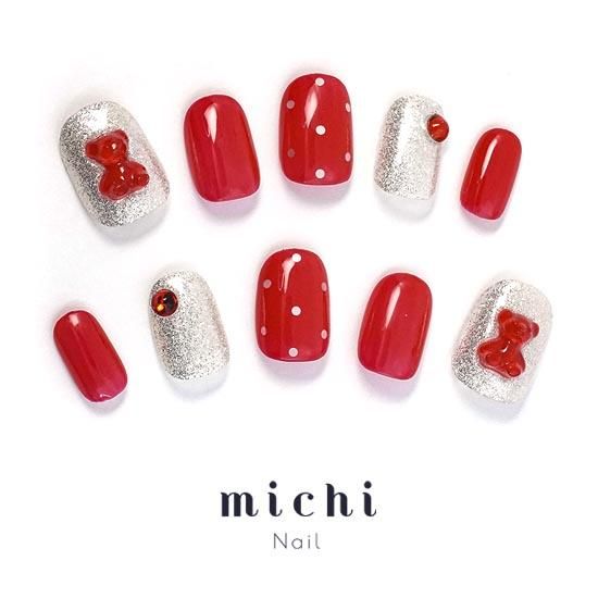 ぷっくりクマの赤色水玉ネイル- ネイルチップ専門店ミチネイル