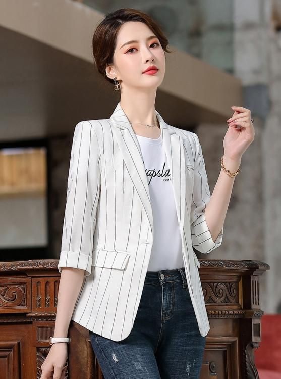 細ストライプ七分袖テーラードジャケット☆ - 大きいサイズの韓国
