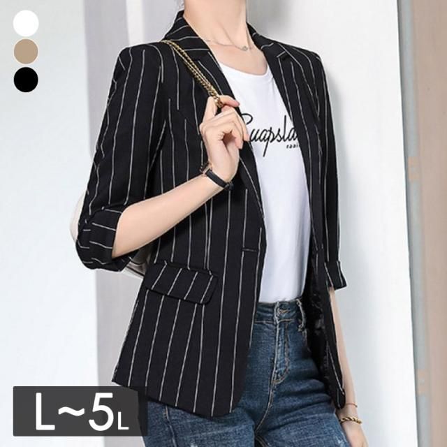 細ストライプ七分袖テーラードジャケット☆ - 大きいサイズの韓国