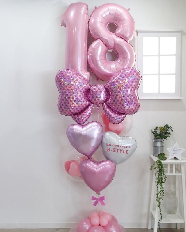 バルーン】66cm ナンバー リボンブーケ パステルピンク(2ケタ)(名入れ