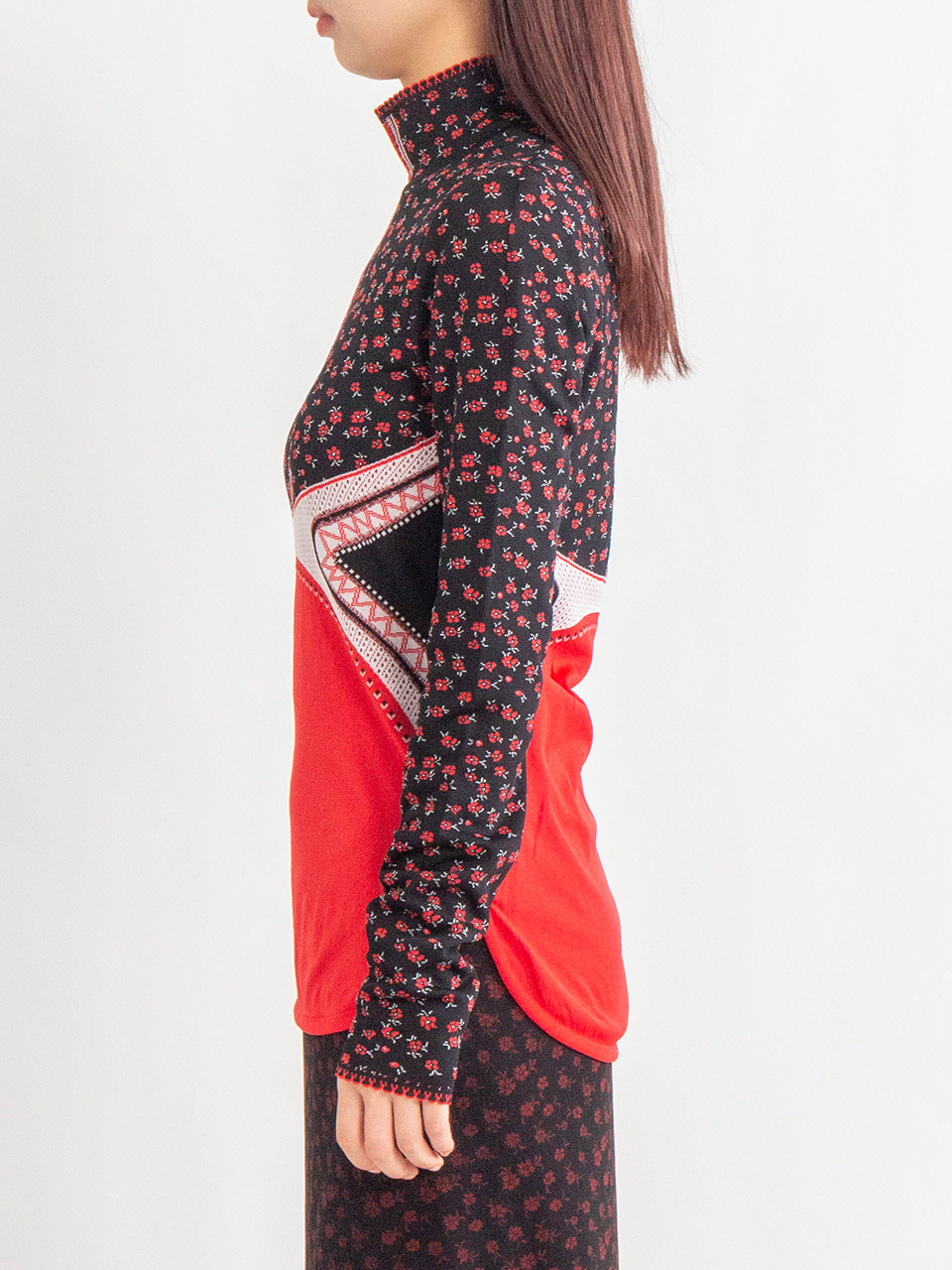 Floral Jacquard High Neck Knitted Top-フローラルジャカード