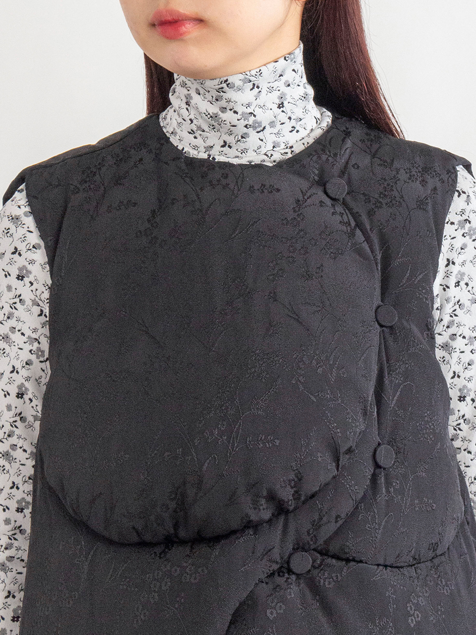 Floral Jaquard Rounded Down Vest-フローラルジャカードラウンド