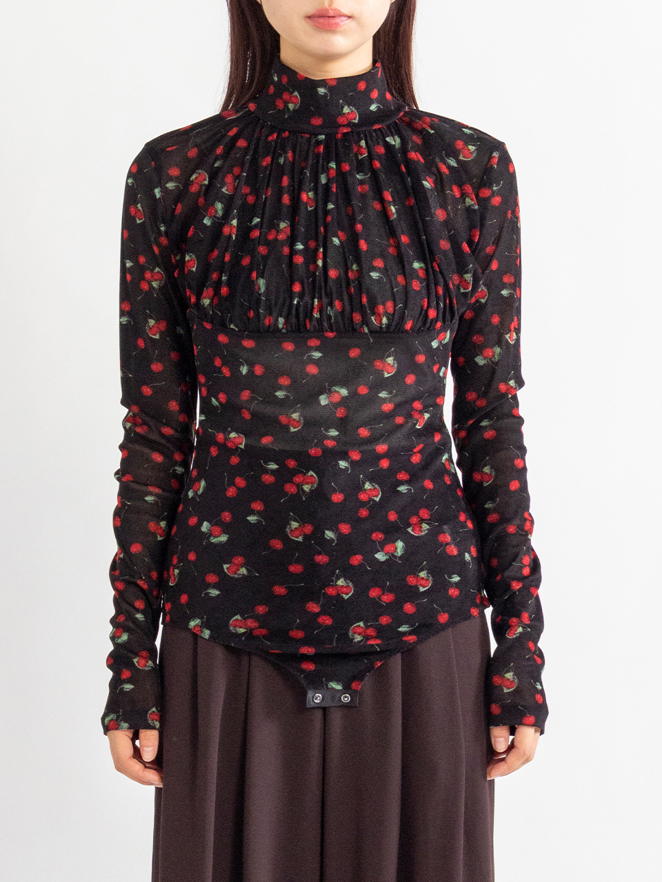 PRINTED VELVET TULLE TURTLENECK BODYSUIT-プリンテッドベルベット