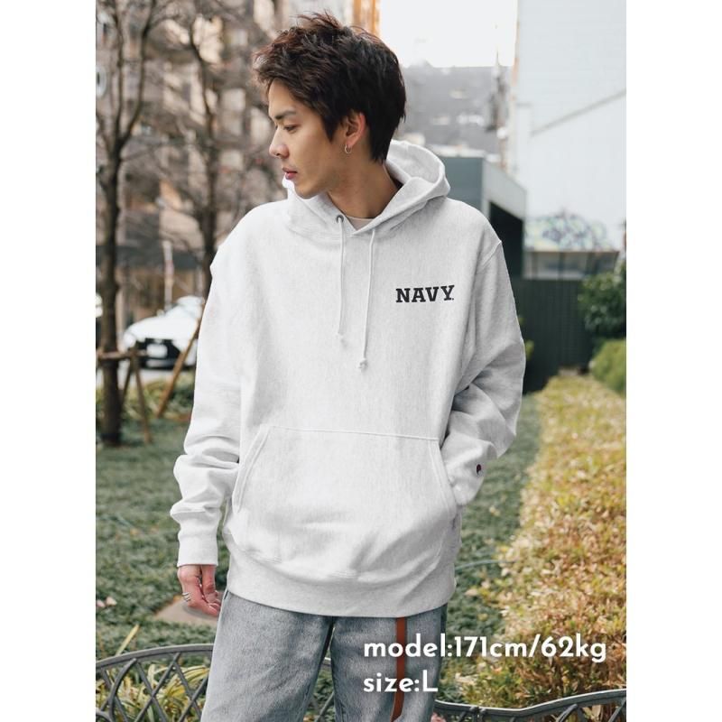 海外限定 Champion USNA BACK PRINT REVERSE WEAVE HOODED SWEAT GREY