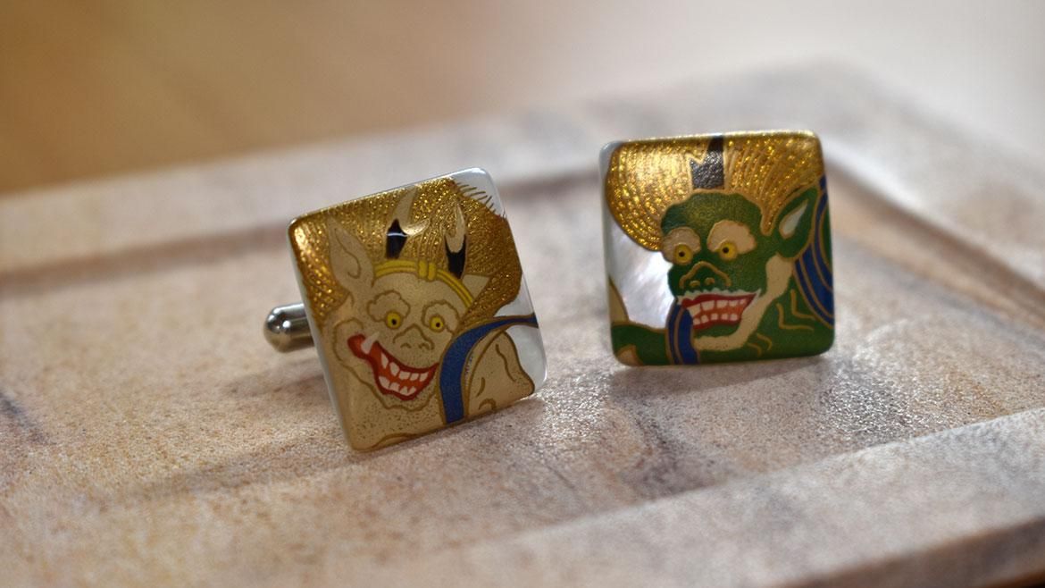 予約販売】風神雷神蒔絵 白蝶貝カフス （20mm角） - うるしアートは