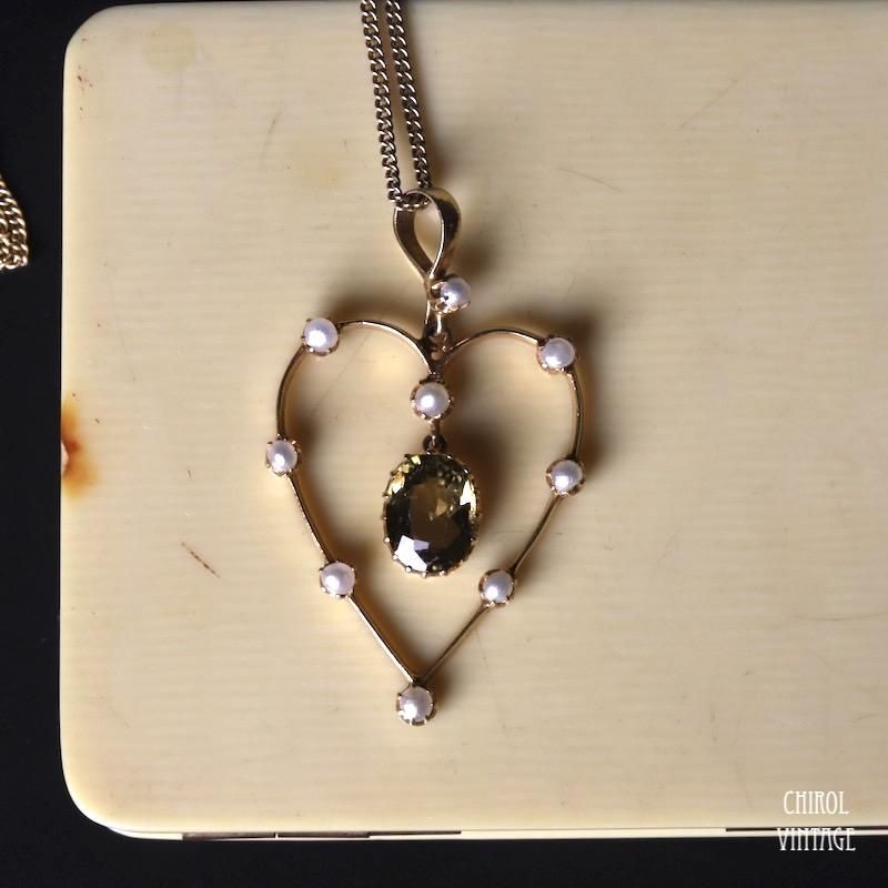 アンティーク 9Kゴールド ペリドットxシードパール ハートフープ