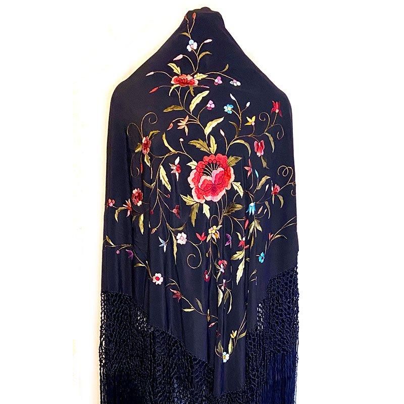 スペイン製バイレ用マントン | 黒地多色刺繍 - フラメンコドレス