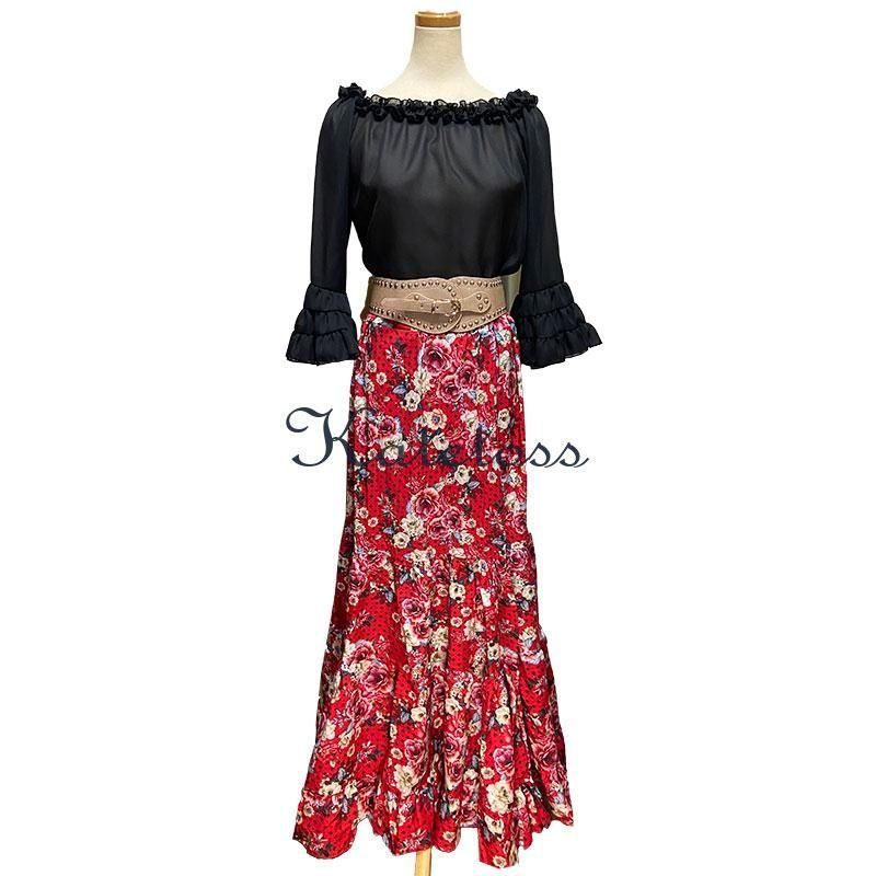 ロシオ風ファルダ | 赤地ピンク花柄 - フラメンコドレスショップ