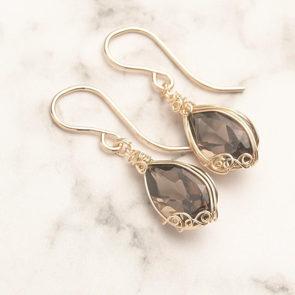 スモーキークォーツ ピアス ワイヤーラッピング 14kgf 天然石 | 天然石