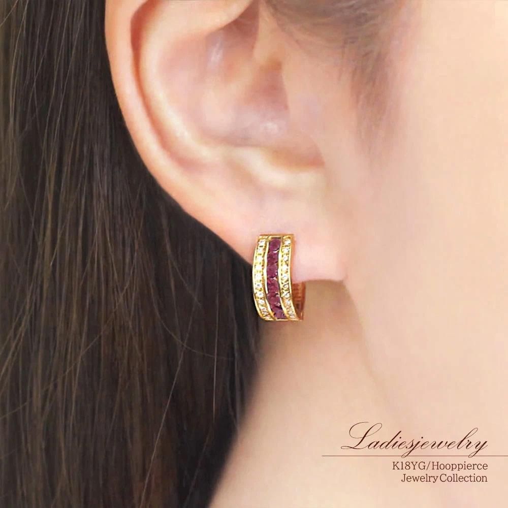 彼女へのプレゼント K18YG ルビー&ダイヤモンド フープピアス 18金