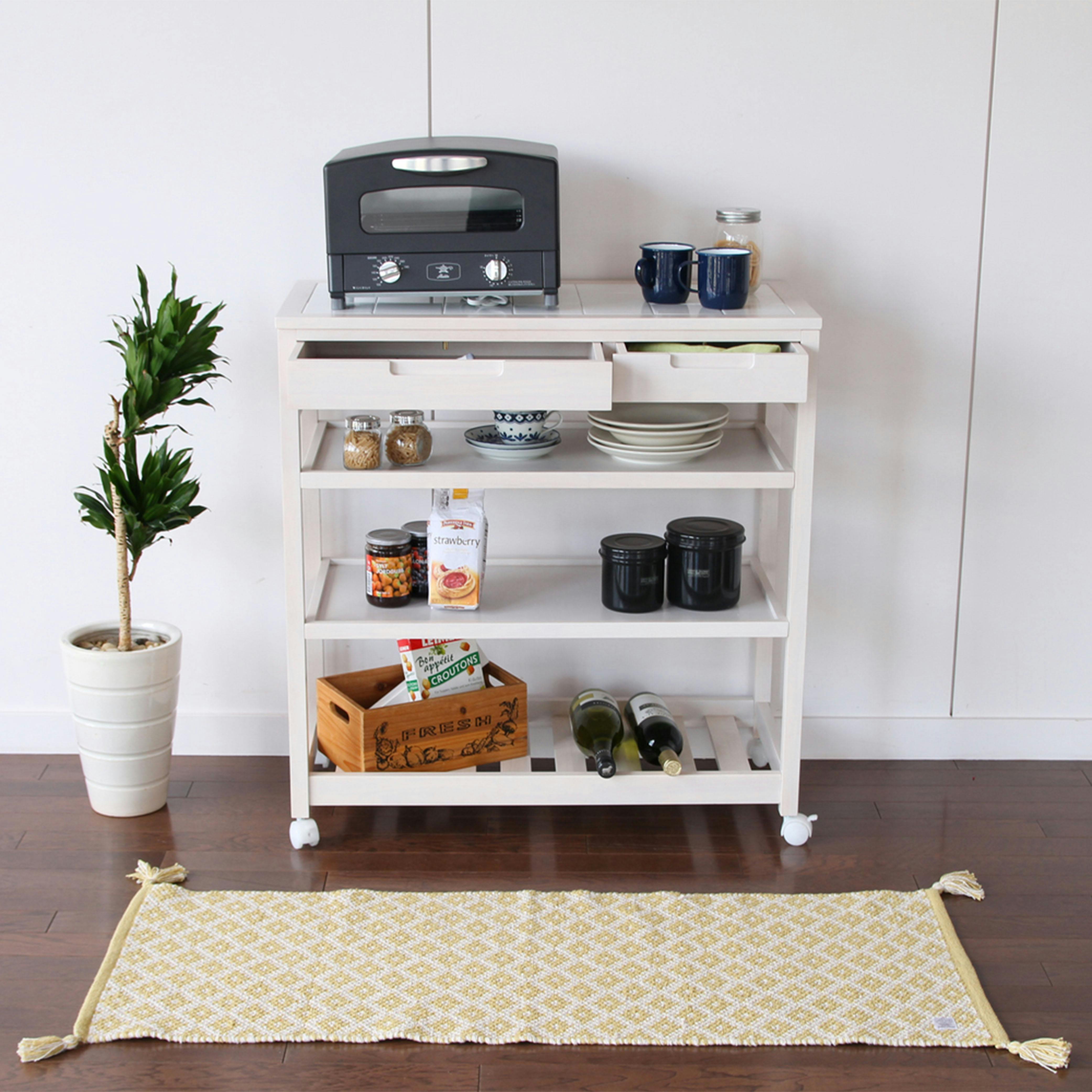 おしゃれなタイル天板ワゴン Soup Kitchen Wagon（Wide) ホワイト