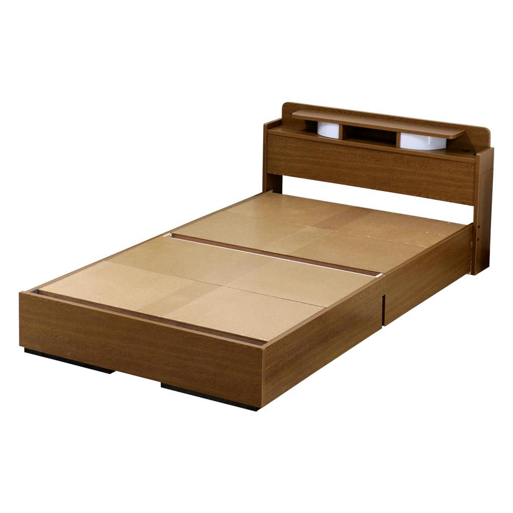 友澤木工 棚 W照明 コンセント 引出し付ベッド ブラウン シングル