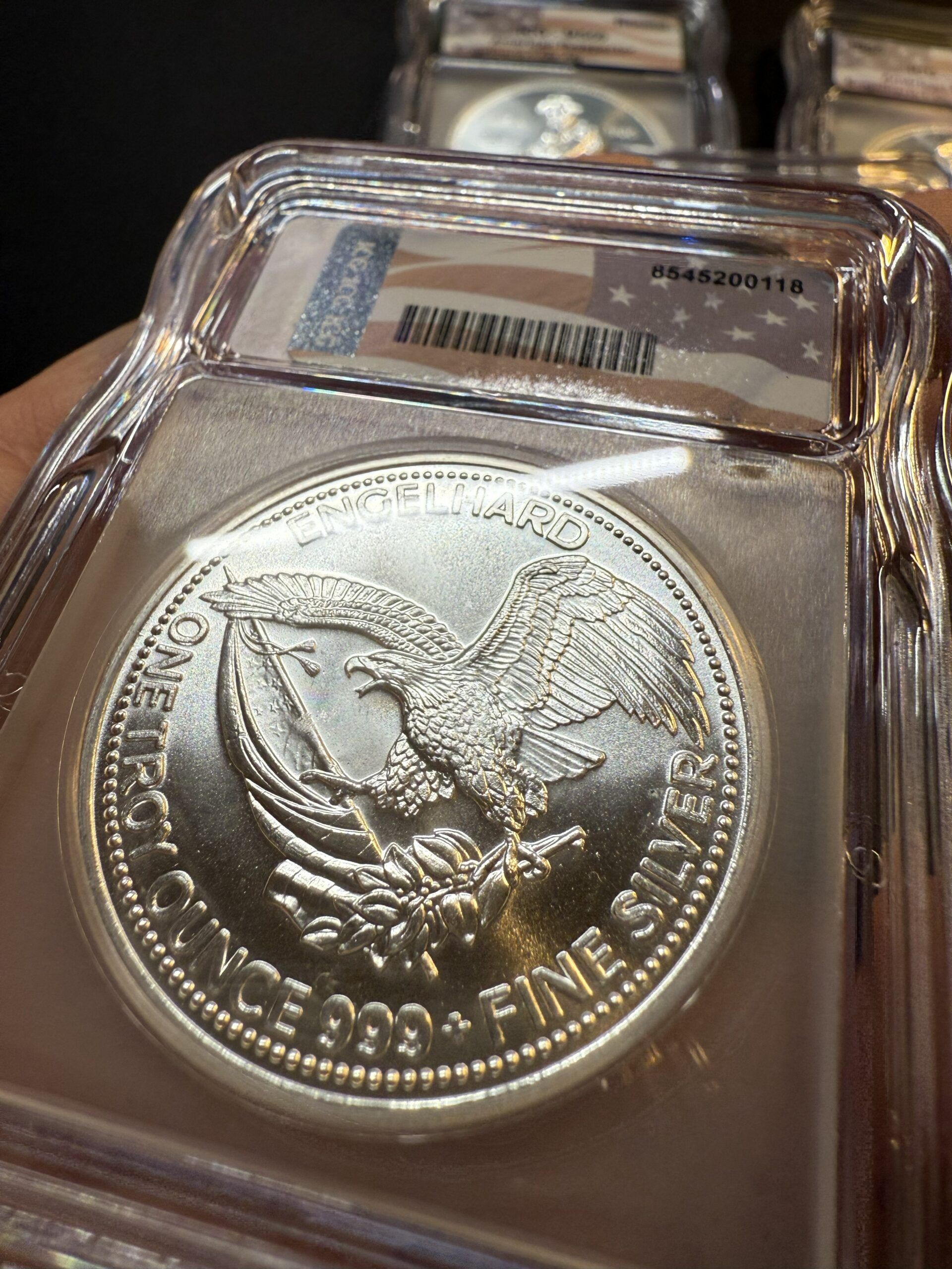 1985 Engelhard ICG MS69 Silver Prospector 1oz Flag Tag -