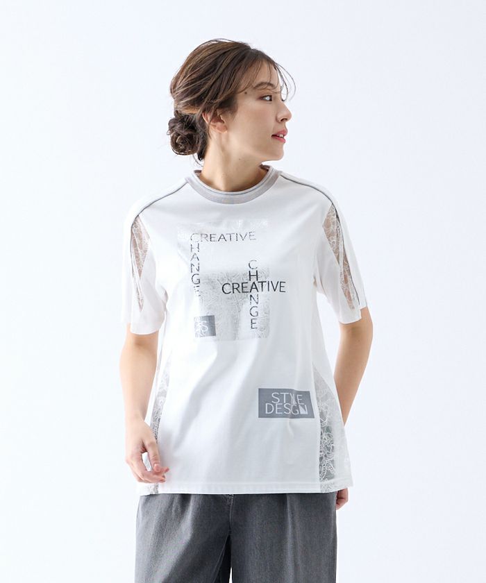 Rossa インポートロッサ スタンドネック 半袖 レース切り替え