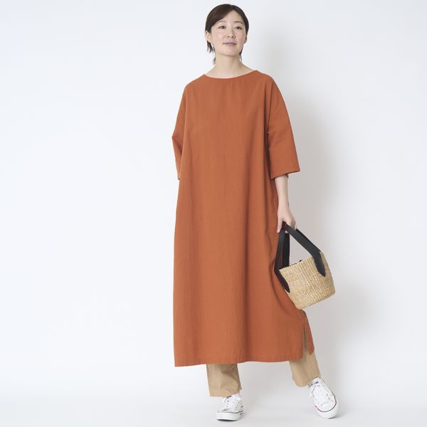 motone/7分袖ボートネックロングワンピース -綿100％サッカー生地で