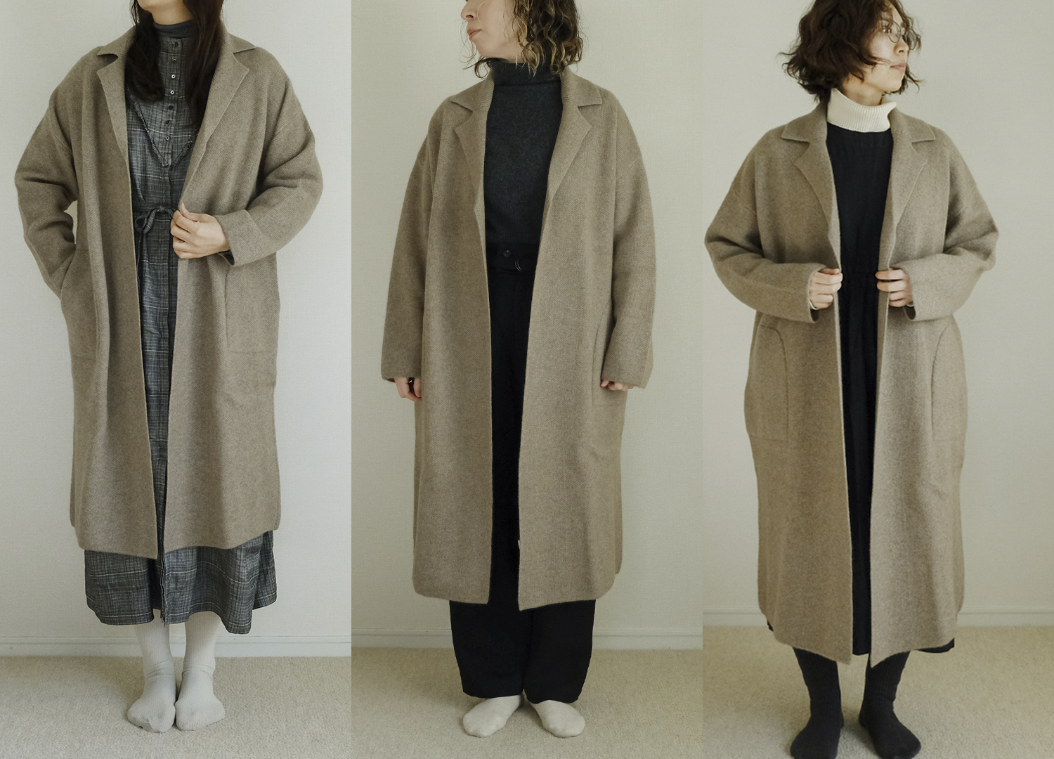 長く付き合いたい、FREEMAN--Bのカシミヤコート。身長別3名のスタッフ