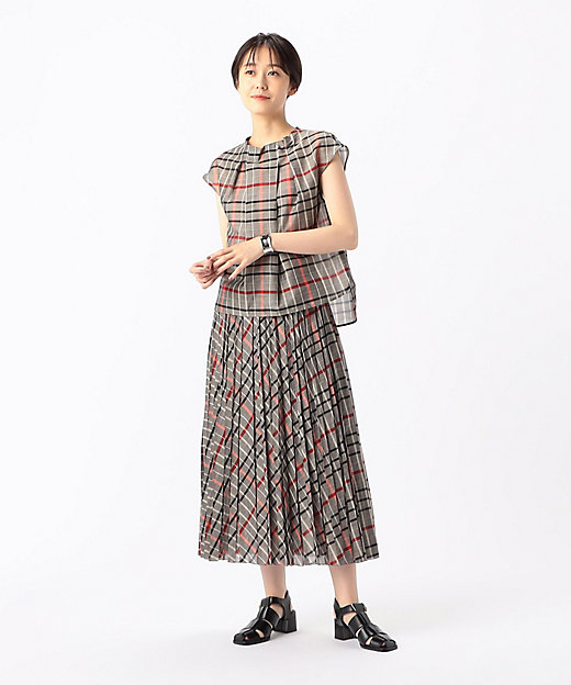 シアーリネンチェック フレンチスリーブブラウス（0103HH01