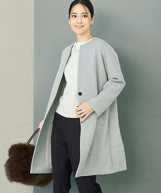 ゆったり／軽やか】カシミヤ混ノーカラーコート（2002186377