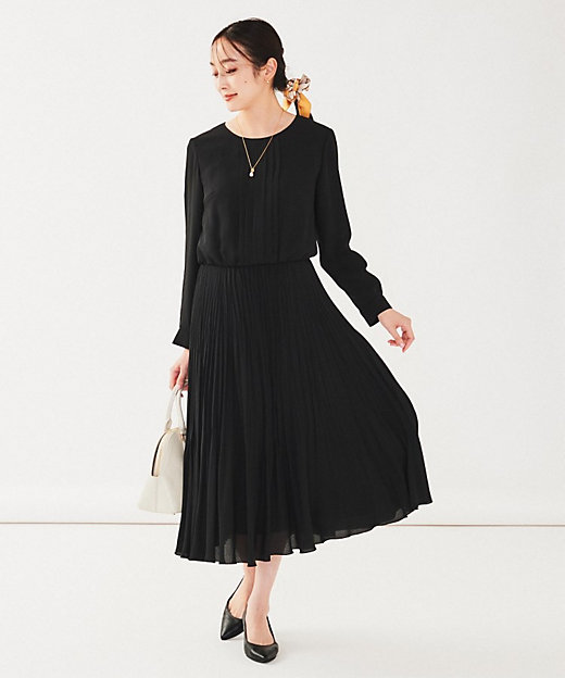 通勤】ジョーゼット プリーツワンピース（2002389090