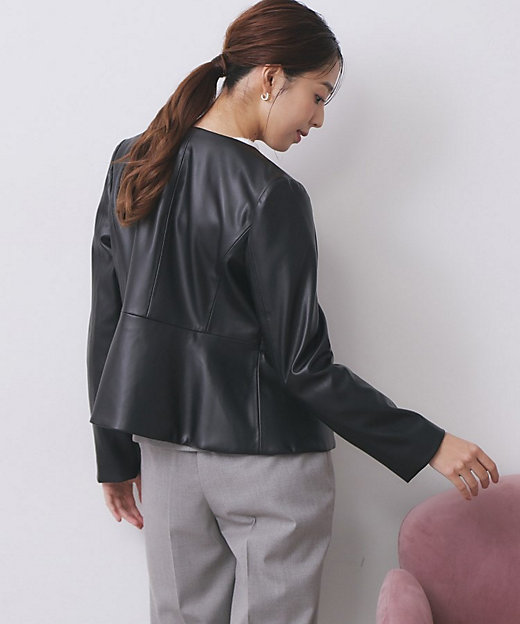 レザー調ストレッチペプラムジャケット【洗える