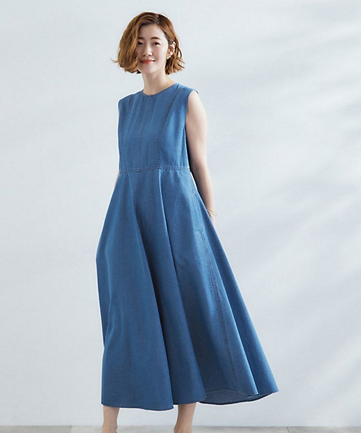 すっきり見え 軽やかデニムノースリーブワンピース