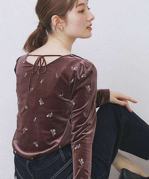 バックシャン小花刺繍ベロアトップス【洗濯機OK
