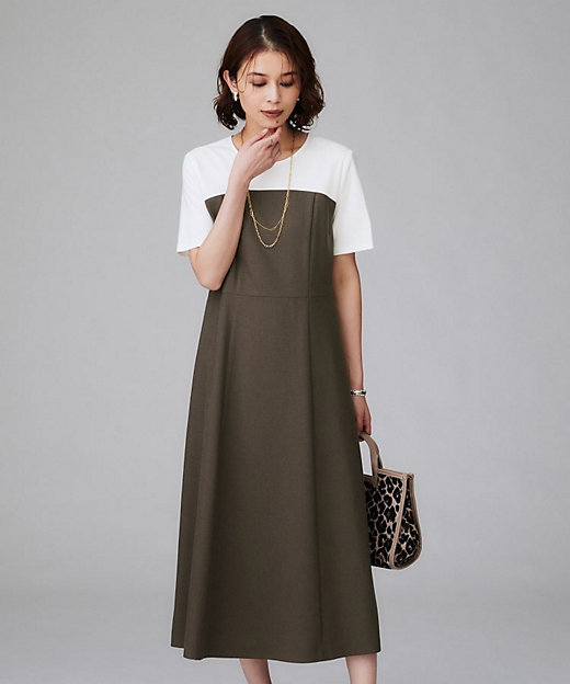 きれいめカジュアル／セミフレア】異素材ドッキングワンピース