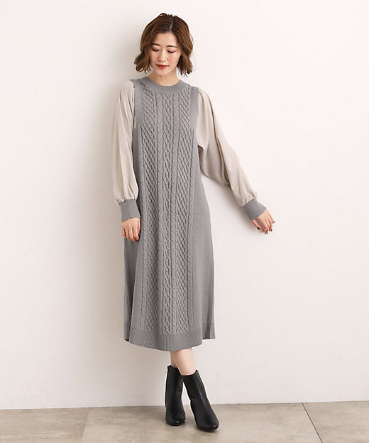 一枚で華やぐ、袖布帛ケーブルニットワンピース（2002538418