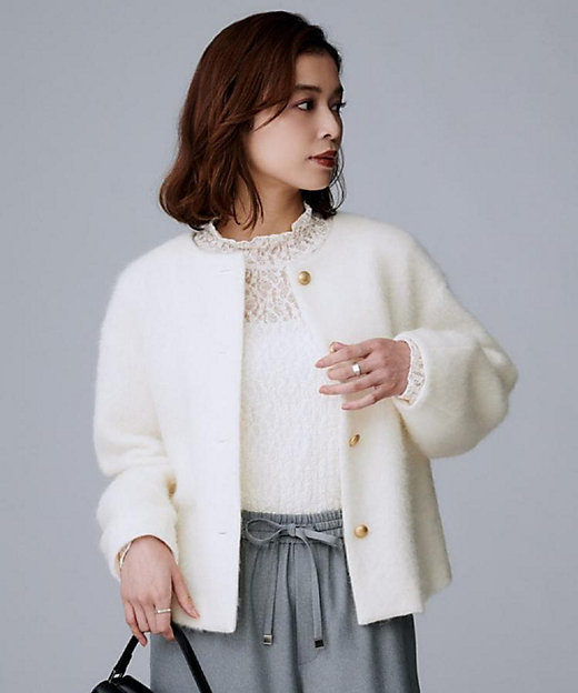 ジャケット風／メタルボタン】アルパカ混シャギーカーディガン