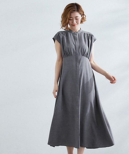 ウエスト高見えでスタイルアップ 上品スタンドカラーシャツワンピース