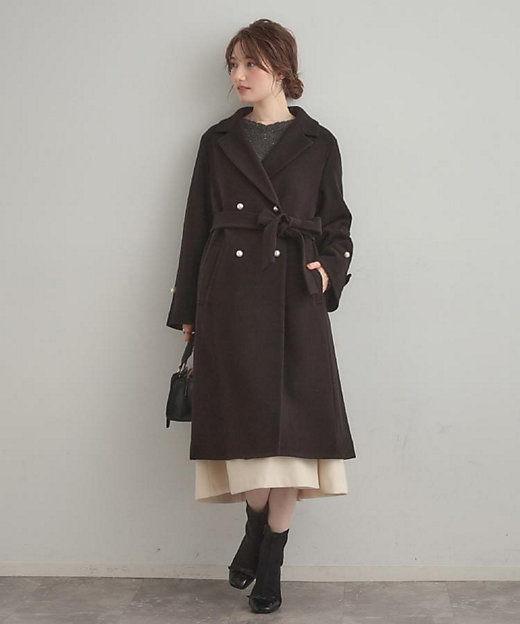 大人上品・ベルト付き】パール調ボタンチェスターコート