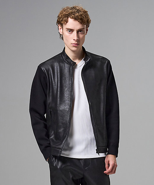 レザーライクジャージーニットブロック ZIP UPブルゾン