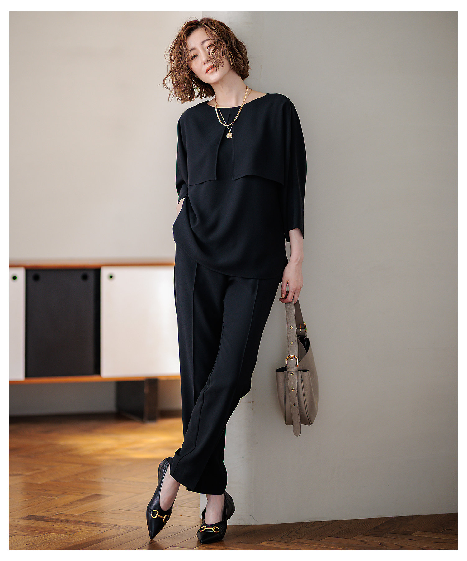 洗える】ストレッチジョーゼット ケープデザイン カットソー