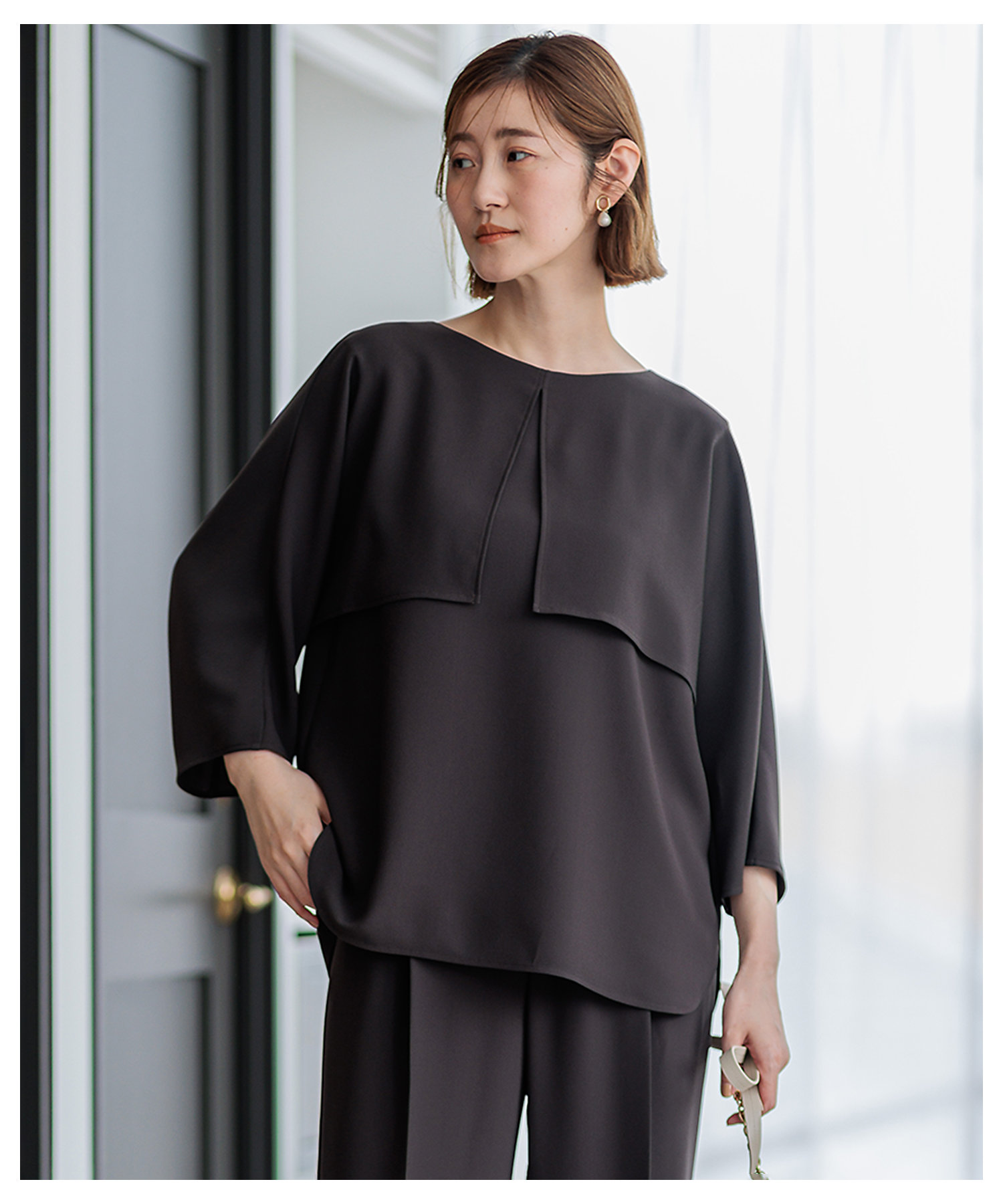 洗える】ストレッチジョーゼット ケープデザイン カットソー