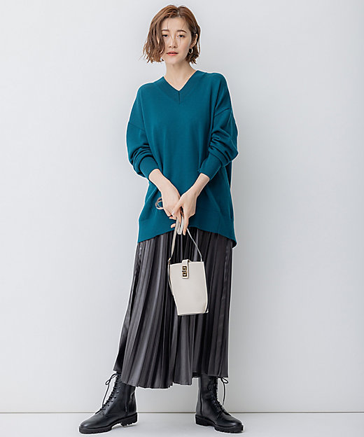 洗える】ウールミドルゲージ Vネック チュニック ニット