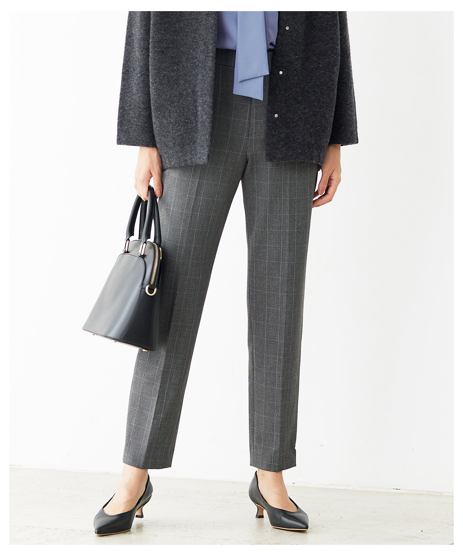 撥水加工・洗える】TRギャバ裏起毛チェック柄テーパード パンツ