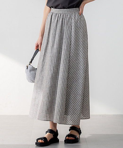 洗える】リネンコットンストライプ ギャザー スカート