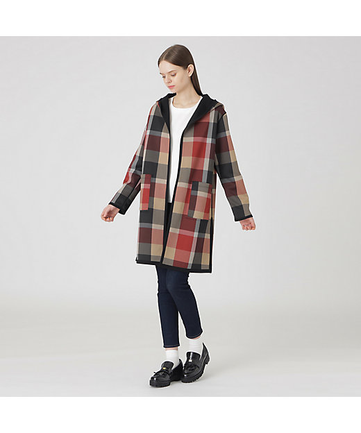 ブルーレーベル、リバーシブルフード付きチェック柄コート ブルー